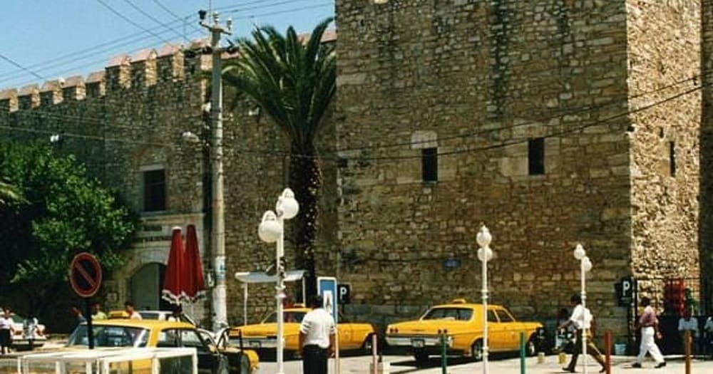 The stone courtyard of the Öküz Mehmed Pasha caravanserai in Kuşadası
