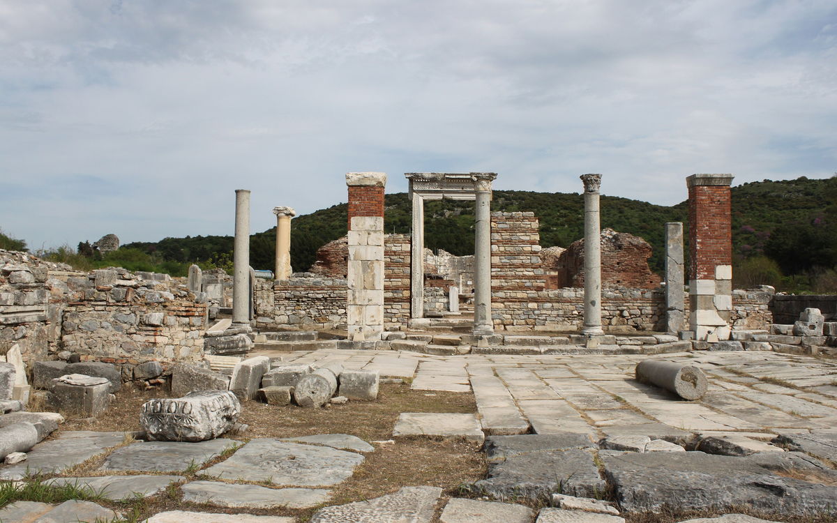 The columns and courtyard of the Church of Mary, the council church, at Ephesus