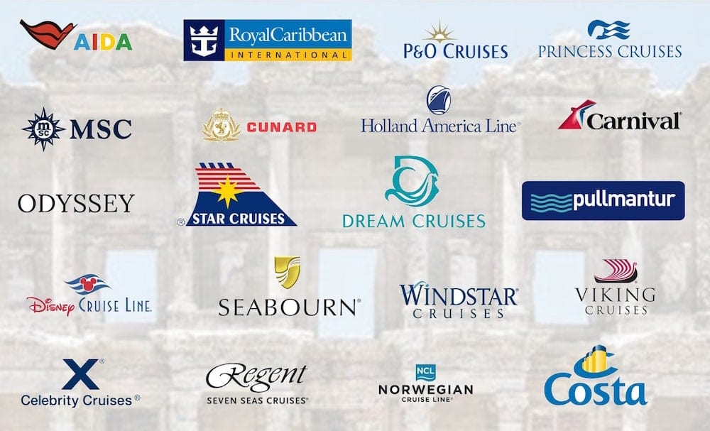 Logos of the cruise lines whose guests we guide at Ephesus, including Royal Caribbean, MSC, Celebrity, Princess, Viking, Cunard, Holland America and Costa